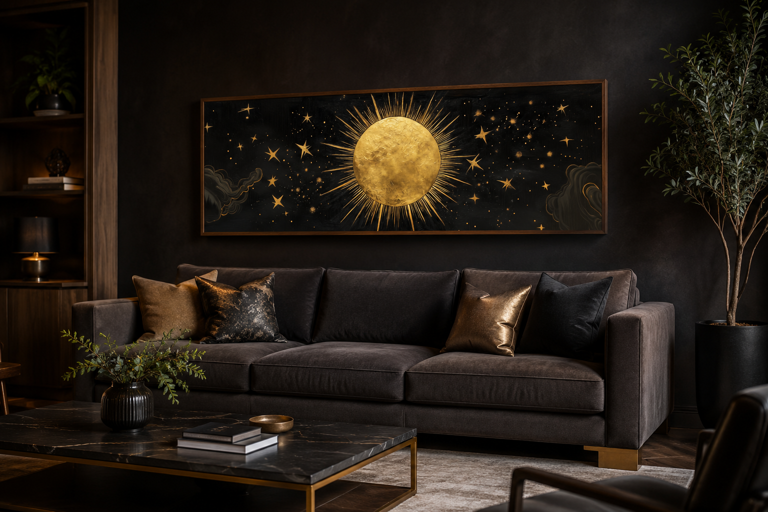 Golden Sun and Stars Black Gold Long Horizontal Canvas Wall Art