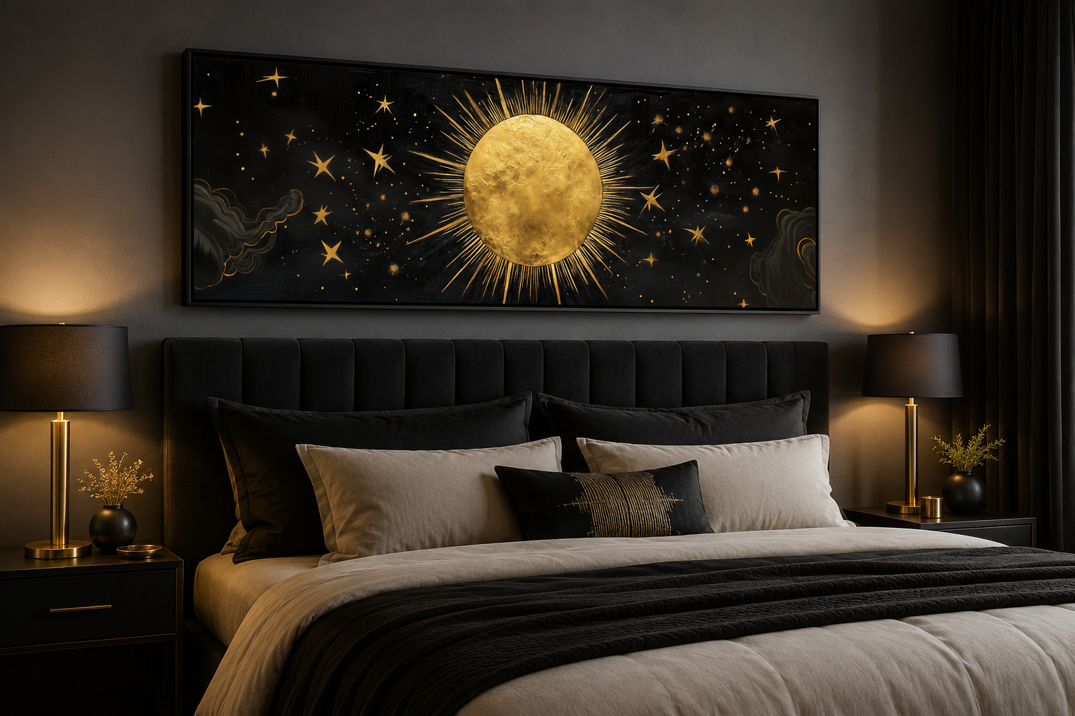 Golden Sun and Stars Black Gold Long Horizontal Canvas Wall Art