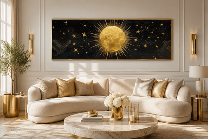 Golden Sun and Stars Black Gold Long Horizontal Canvas Wall Art