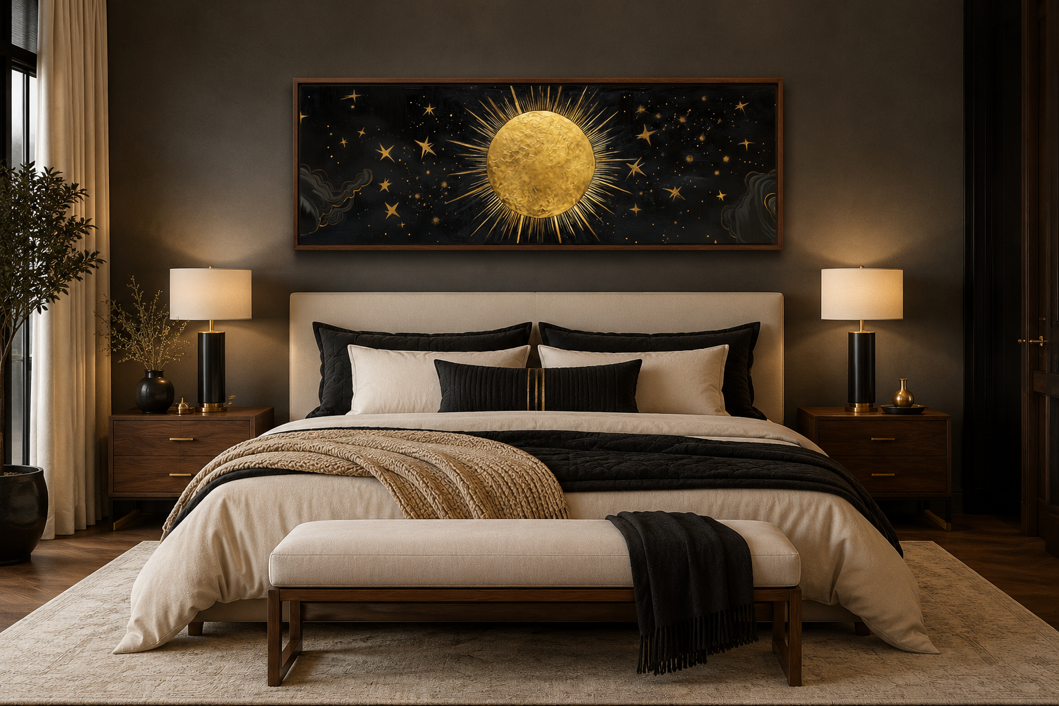 Golden Sun and Stars Black Gold Long Horizontal Canvas Wall Art