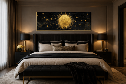 Golden Sun and Stars Black Gold Long Horizontal Canvas Wall Art