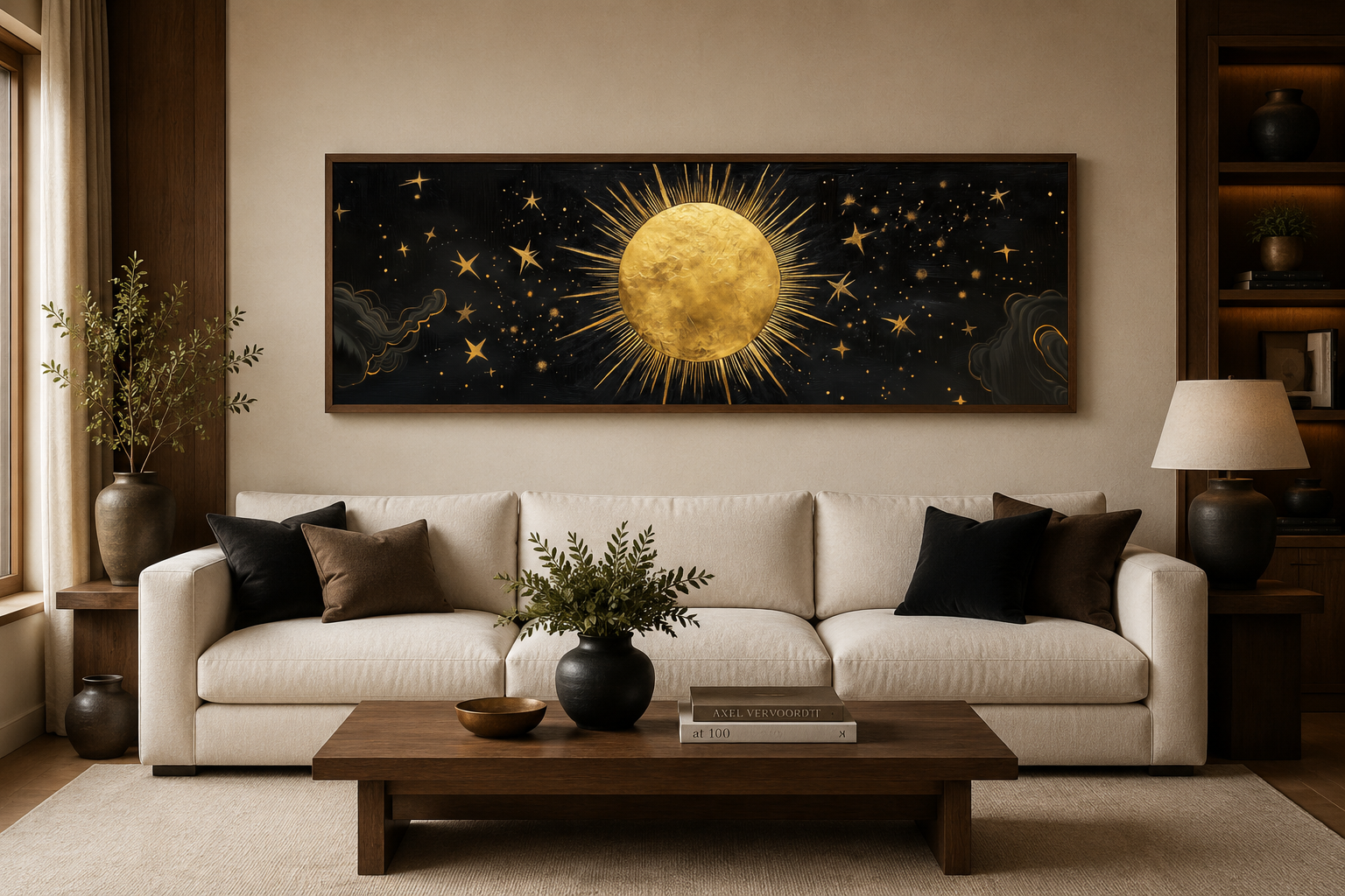 Golden Sun and Stars Black Gold Long Horizontal Canvas Wall Art