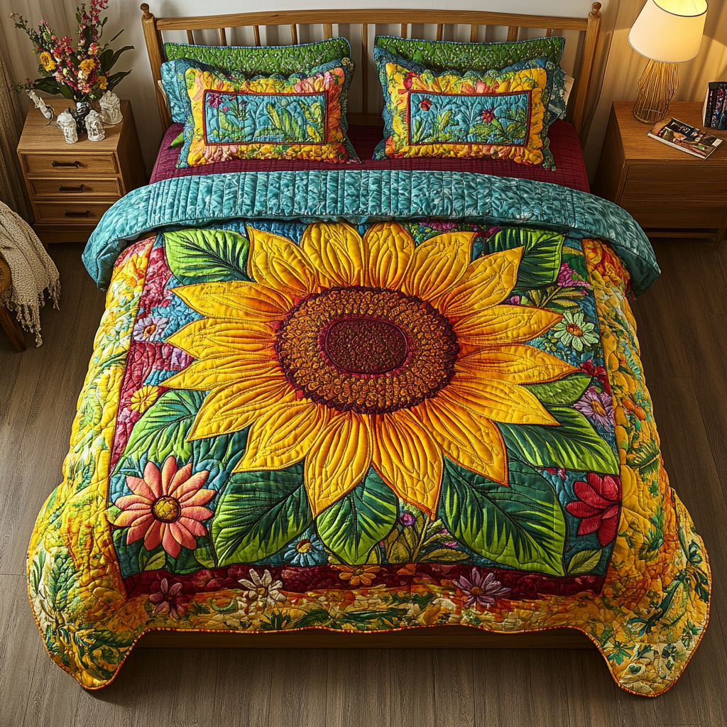 Golden Sunflower Elegance 3-Piece Quilted Bedding Set - Single (59" x 70")