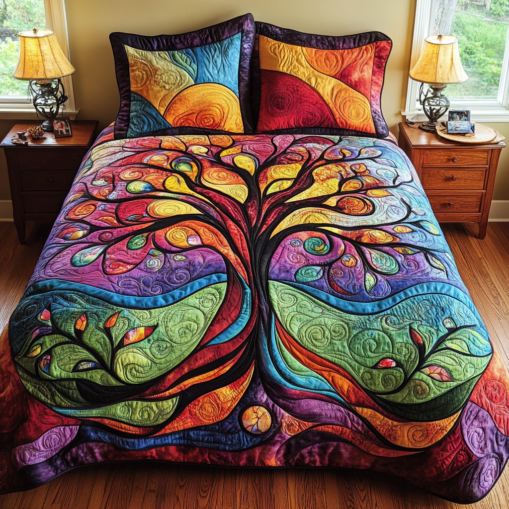 Golden Tree of Life 3-Piece Quilted Bedding Set - Single (59" x 70")