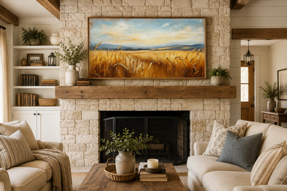 Golden Wheat Field Farm Framed Farmhouse Canvas Wall Art