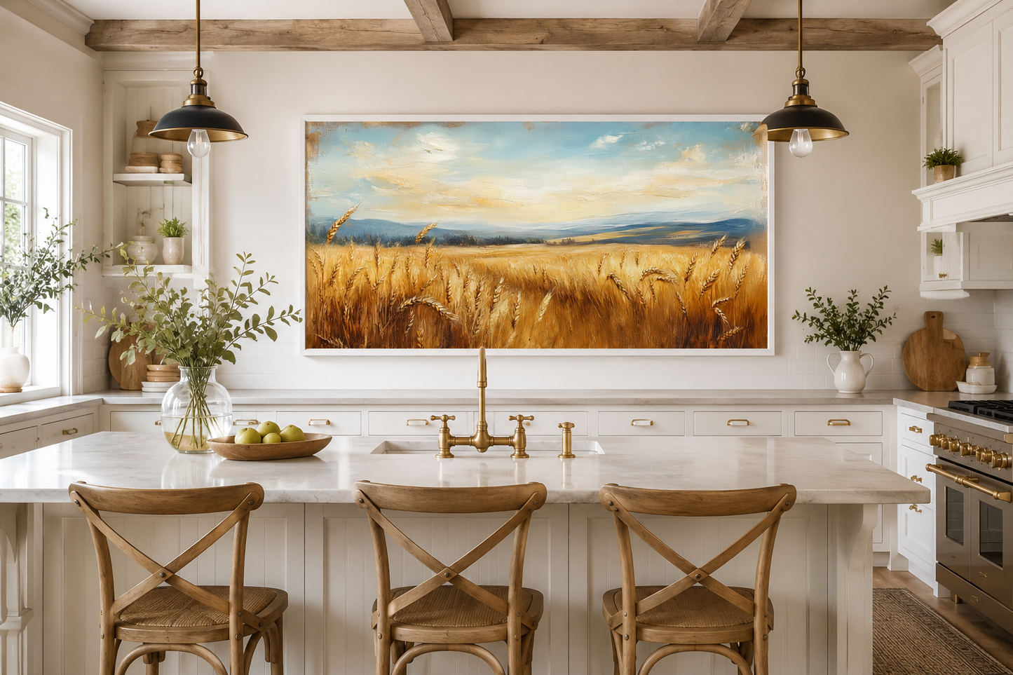 Golden Wheat Field Farm Framed Farmhouse Canvas Wall Art