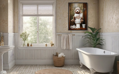 Goldendoodle Dog On The Toilet Reading Newspaper Picture Canvas Wall Art