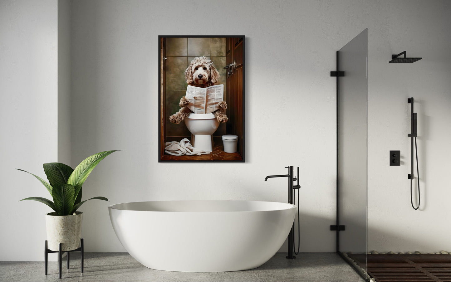 Goldendoodle Dog On The Toilet Reading Newspaper Picture Canvas Wall Art