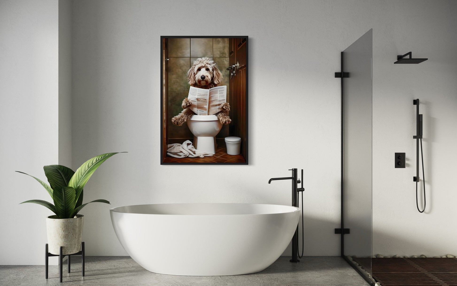 Goldendoodle Dog On The Toilet Reading Newspaper Picture Canvas Wall Art