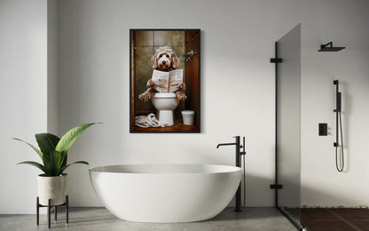 Goldendoodle Dog On The Toilet Reading Newspaper Picture Canvas Wall Art