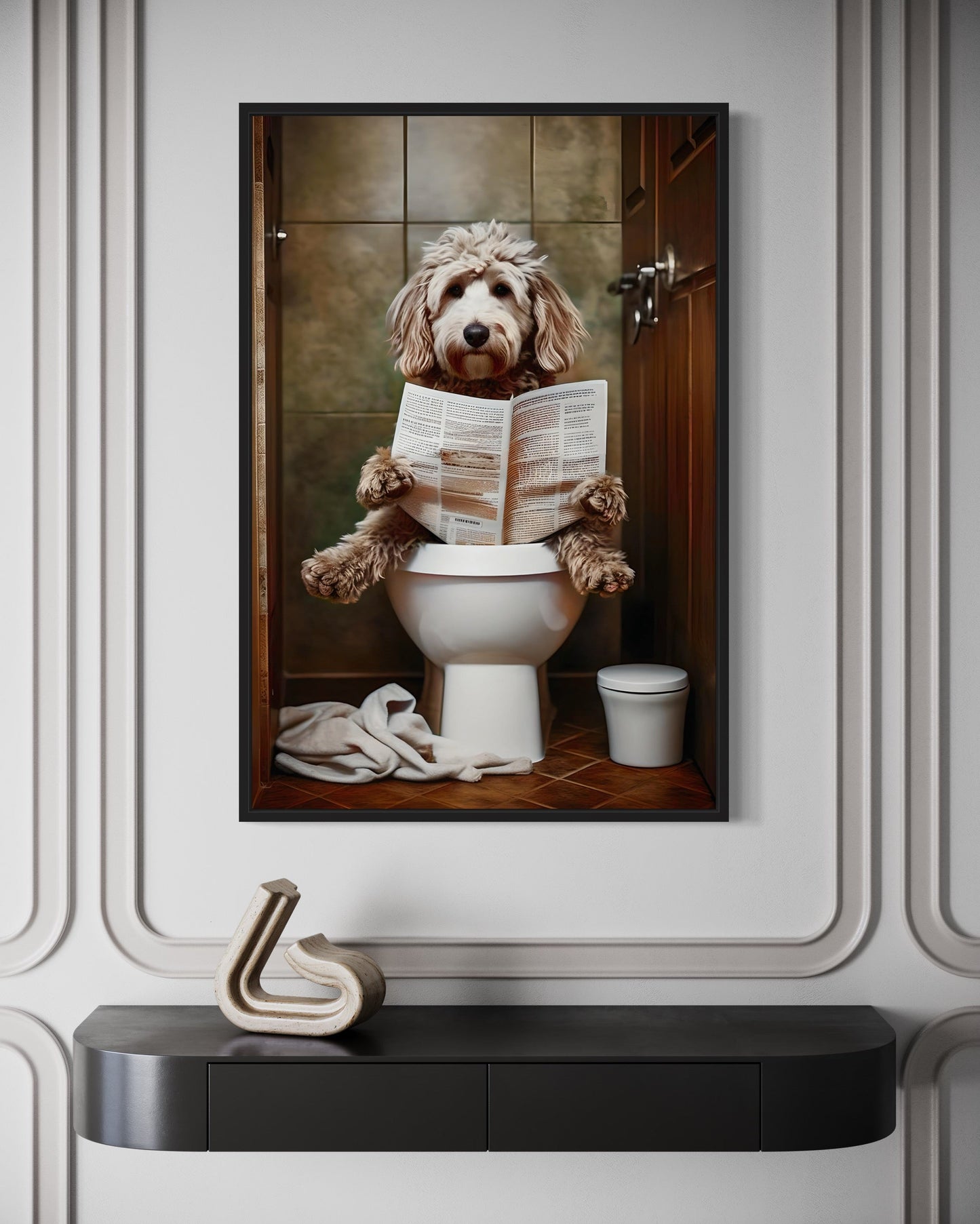 Goldendoodle Dog On The Toilet Reading Newspaper Picture Canvas Wall Art