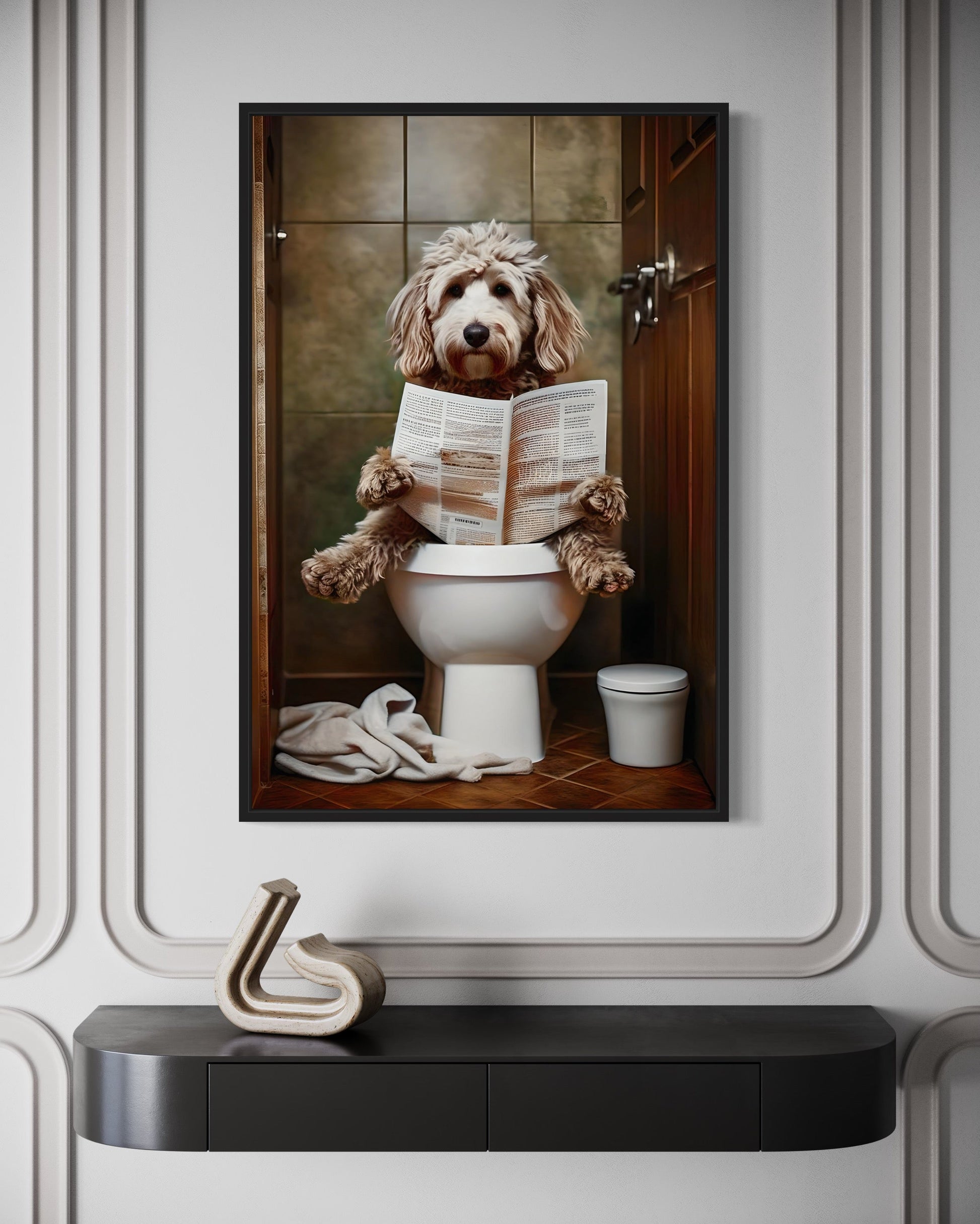 Goldendoodle Dog On The Toilet Reading Newspaper Picture Canvas Wall Art