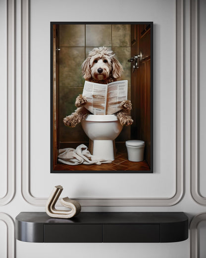 Goldendoodle Dog On The Toilet Reading Newspaper Picture Canvas Wall Art