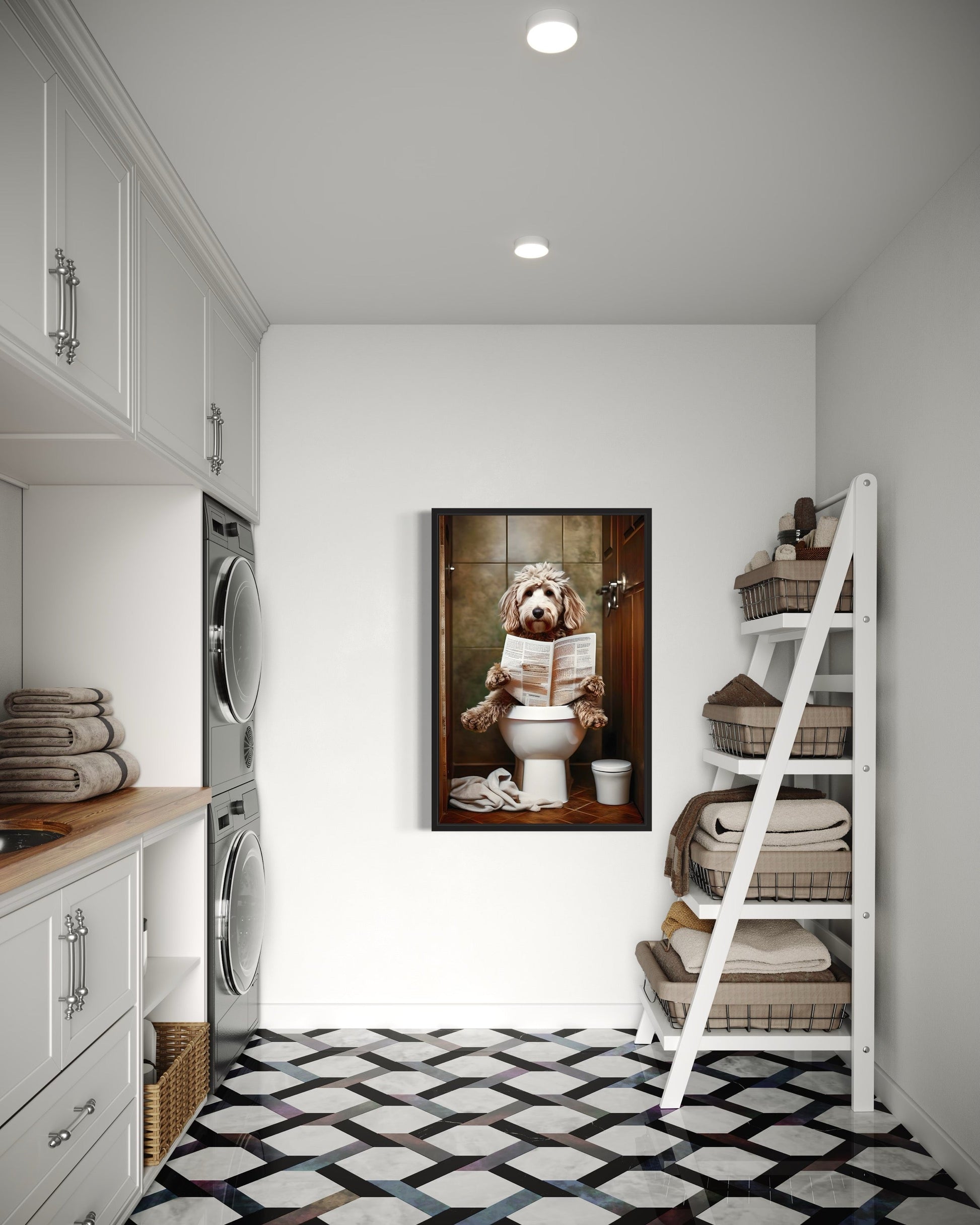 Goldendoodle Dog On The Toilet Reading Newspaper Picture Canvas Wall Art