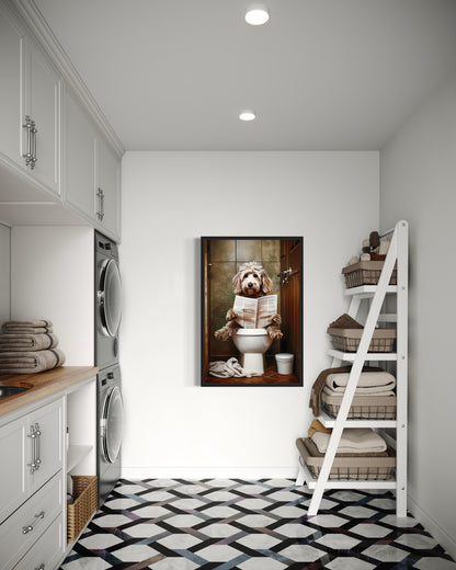 Goldendoodle Dog On The Toilet Reading Newspaper Picture Canvas Wall Art