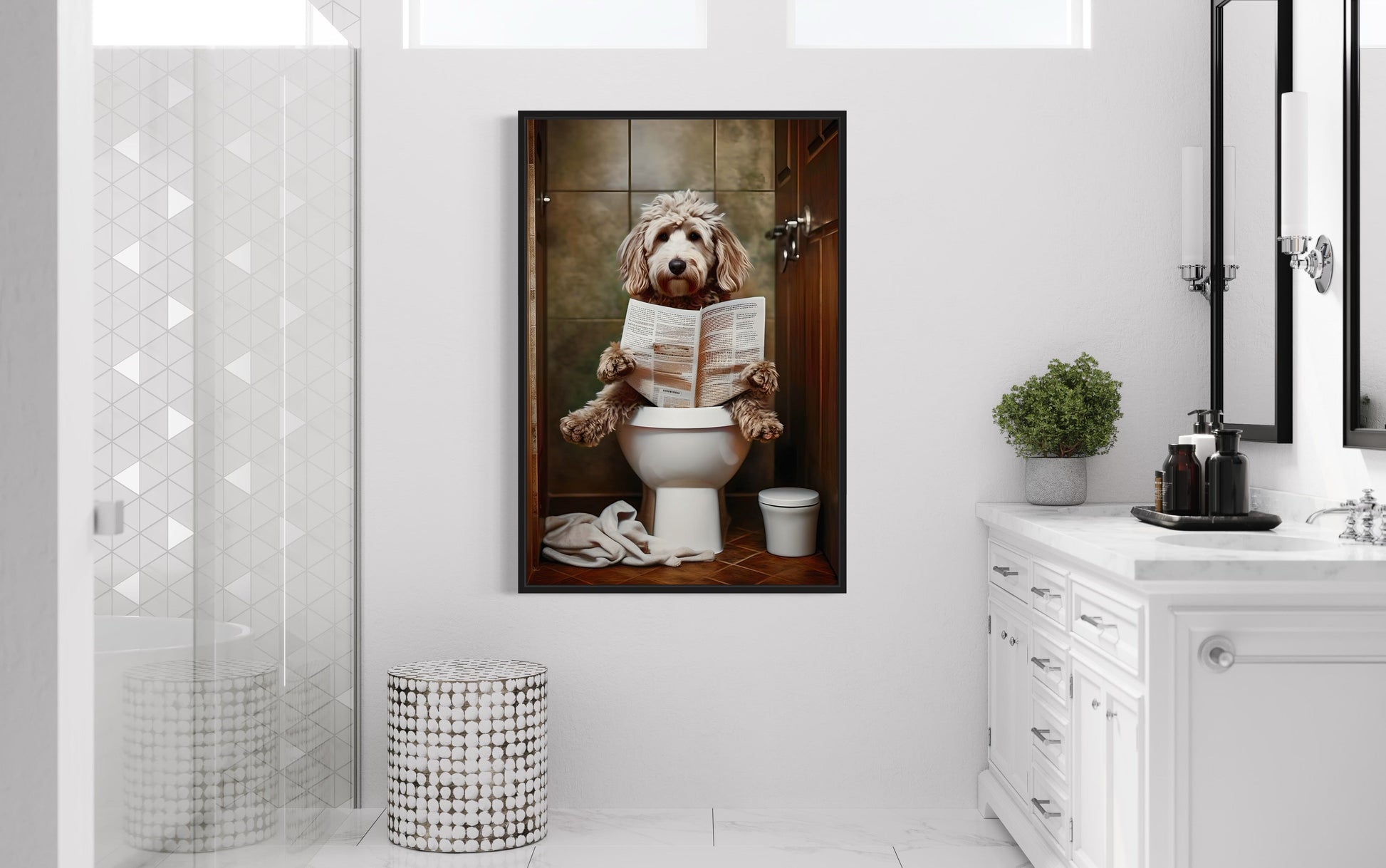 Goldendoodle Dog On The Toilet Reading Newspaper Picture Canvas Wall Art