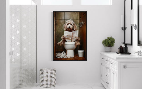 Goldendoodle Dog On The Toilet Reading Newspaper Picture Canvas Wall Art