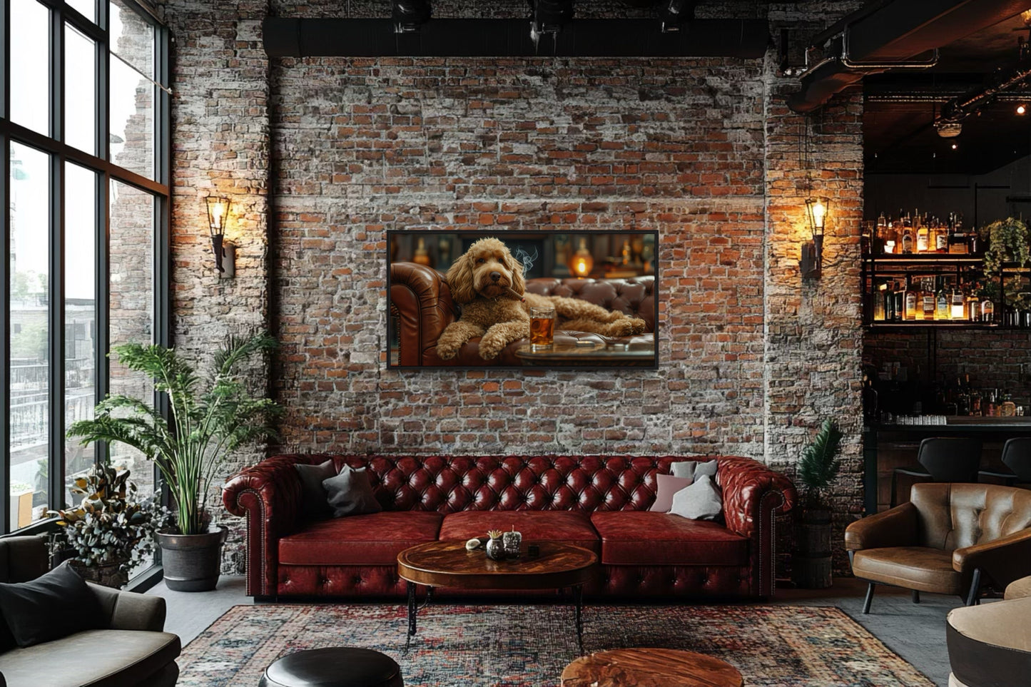 Goldendoodle On Couch Smoking Cigar Drinking Whiskey Framed Canvas Wall Art