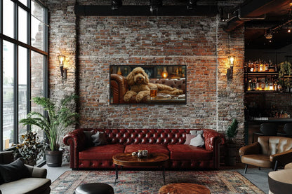 Goldendoodle On Couch Smoking Cigar Drinking Whiskey Framed Canvas Wall Art