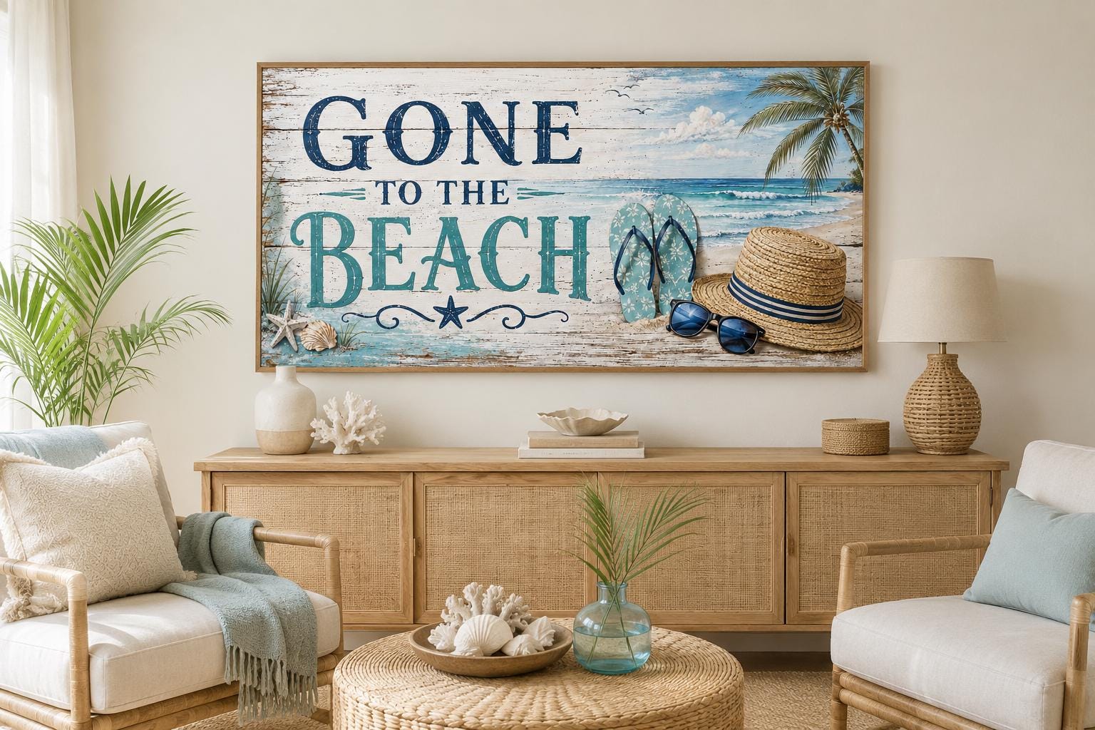 Gone To The Beach Sign - Horizontal Canvas Print | Coastal Wall Art Decor