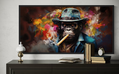 Gangster Gorilla in Fedora and Suit Smoking a Cigar Canvas Wall Art For Man Cave Decor