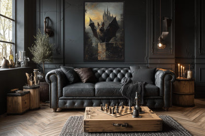 Gothic Bat With Wings Spread in Front of Haunted Castle Halloween Wall Art
