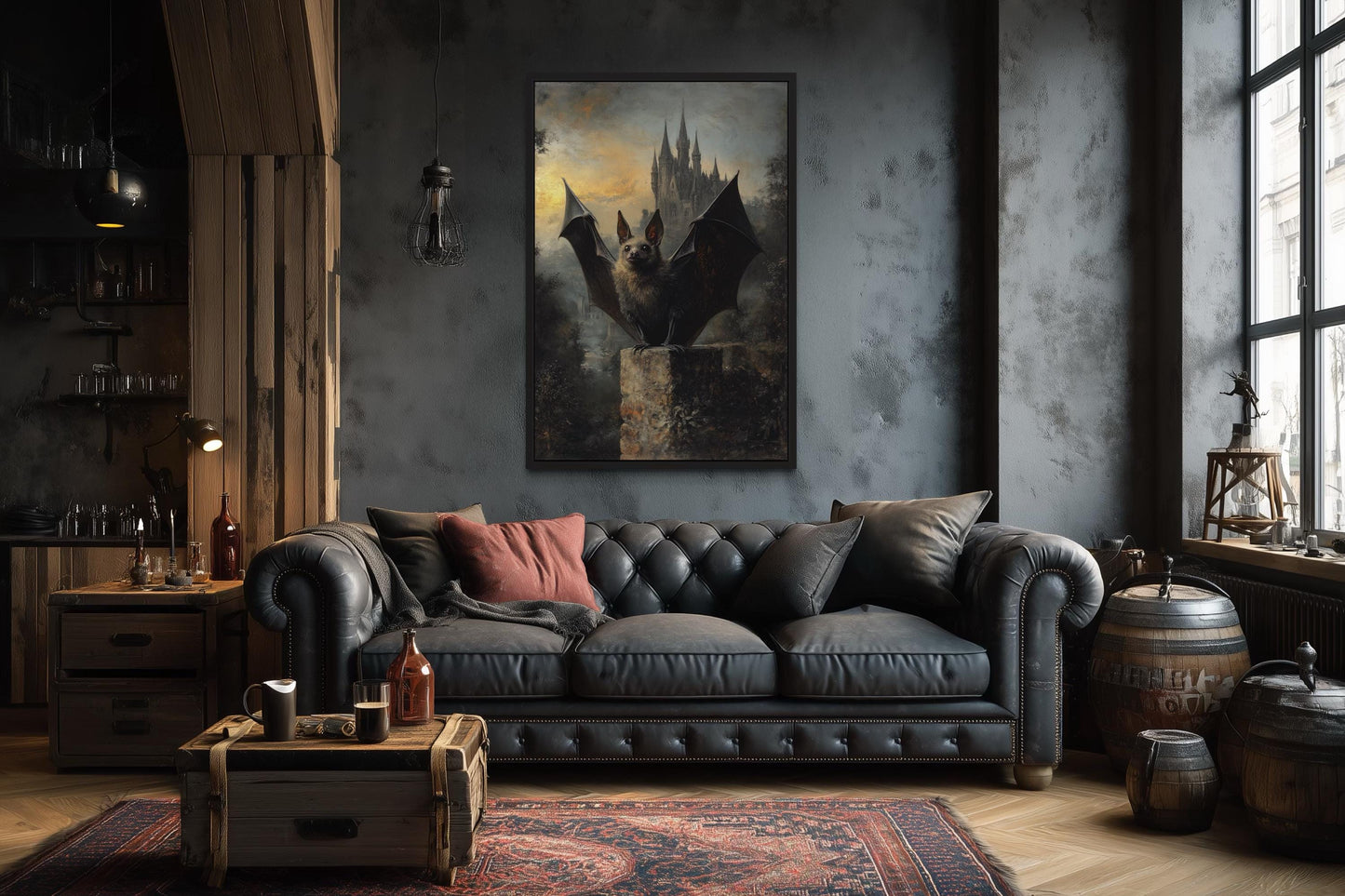 Gothic Bat With Wings Spread in Front of Haunted Castle Halloween Wall Art