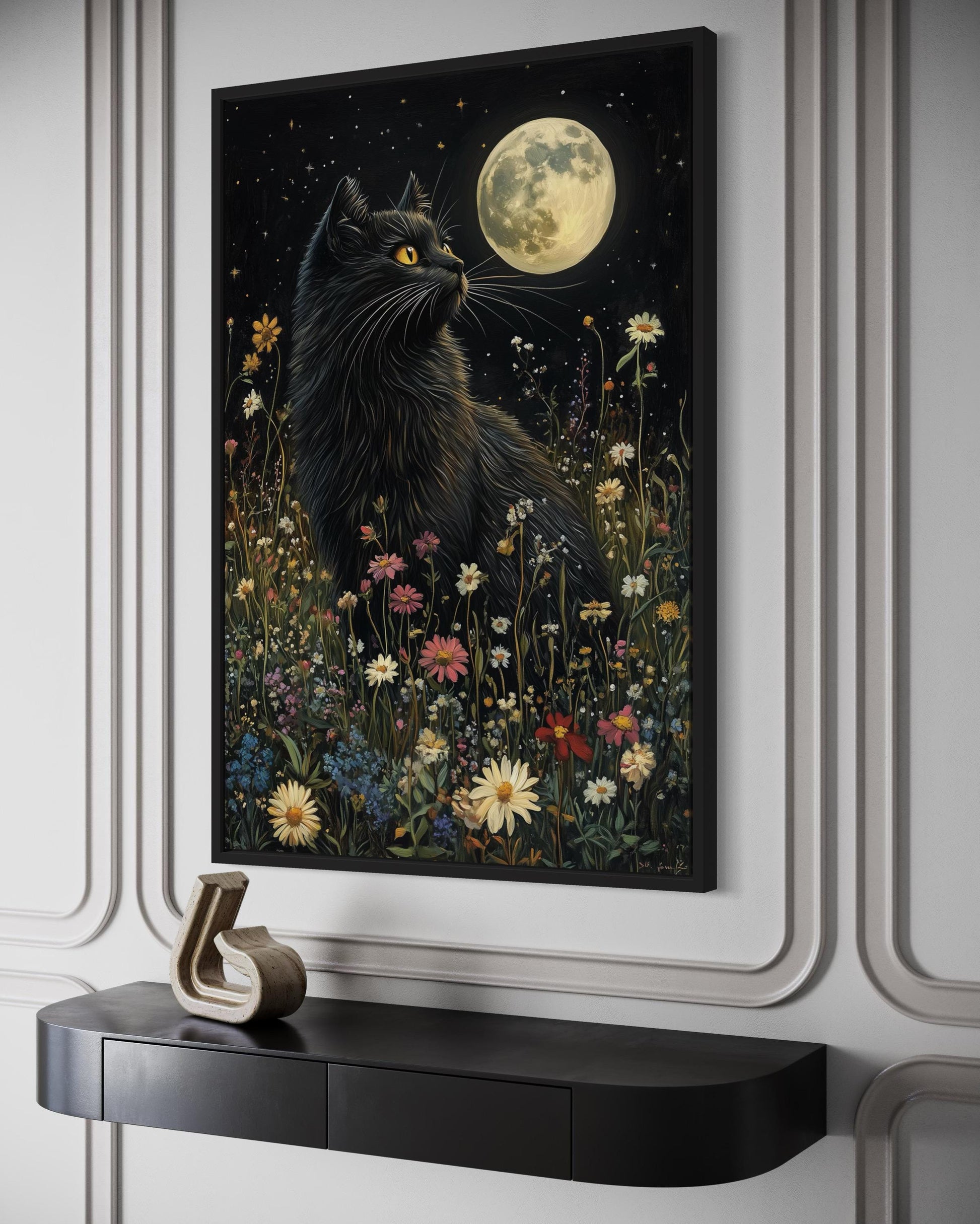 Gothic Black Cat In Meadow Under Full Moon Wall Art