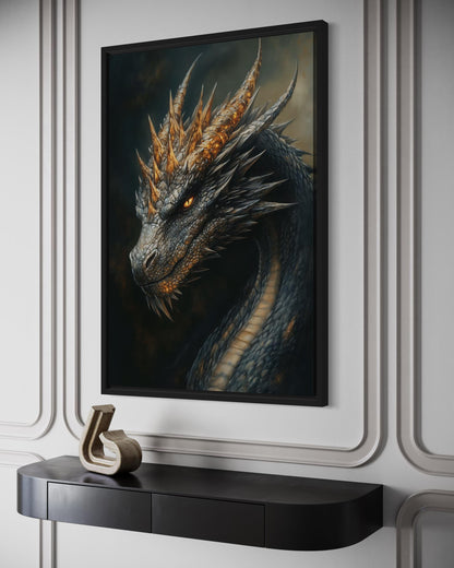 Gothic Black Dragon Framed Canvas Wall Art