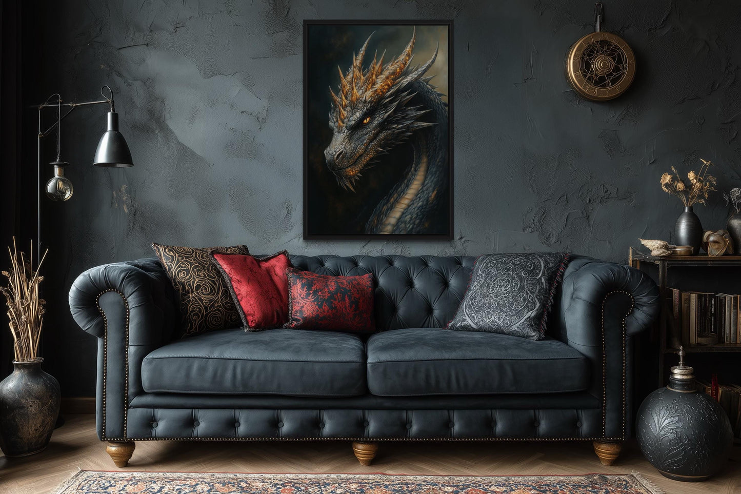 Gothic Black Dragon Framed Canvas Wall Art