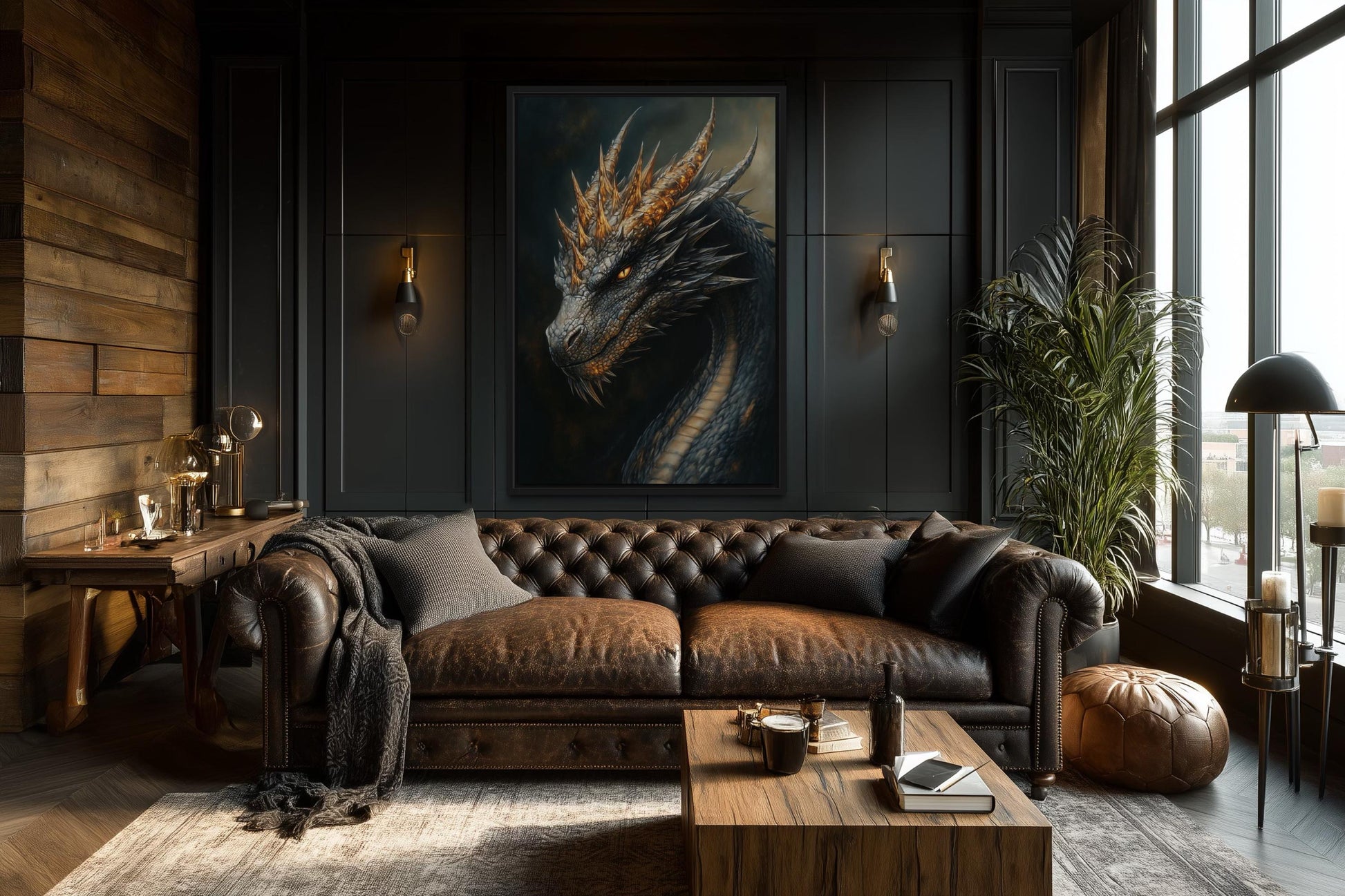 Gothic Black Dragon Framed Canvas Wall Art