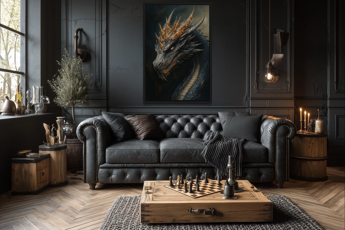 Gothic Black Dragon Framed Canvas Wall Art