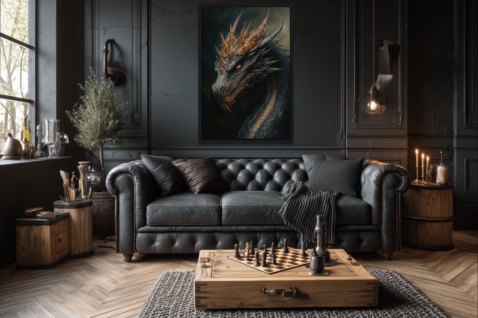 Gothic Black Dragon Framed Canvas Wall Art