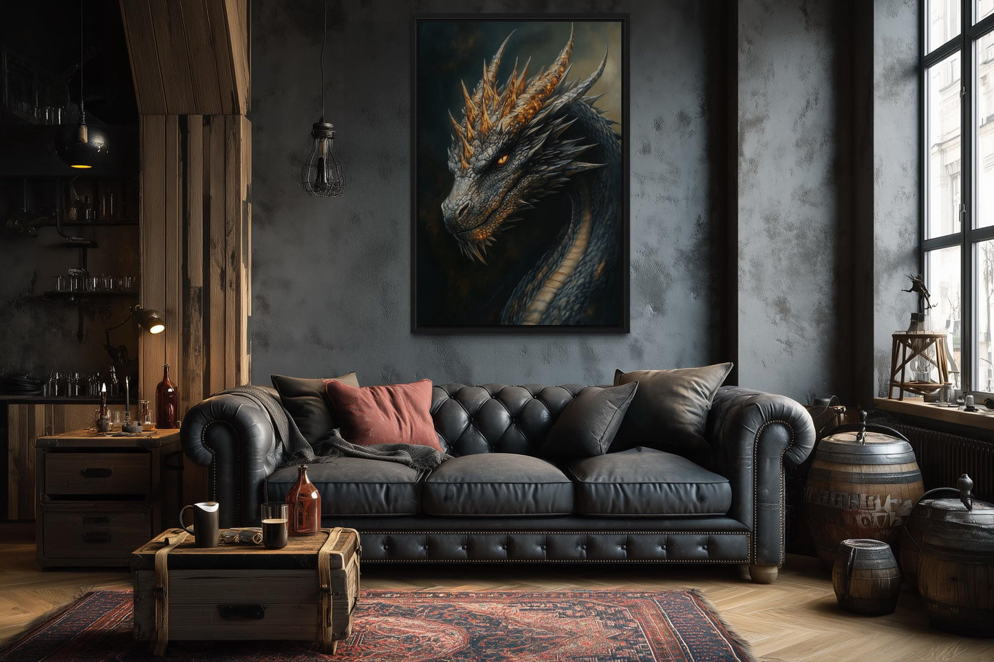 Gothic Black Dragon Framed Canvas Wall Art