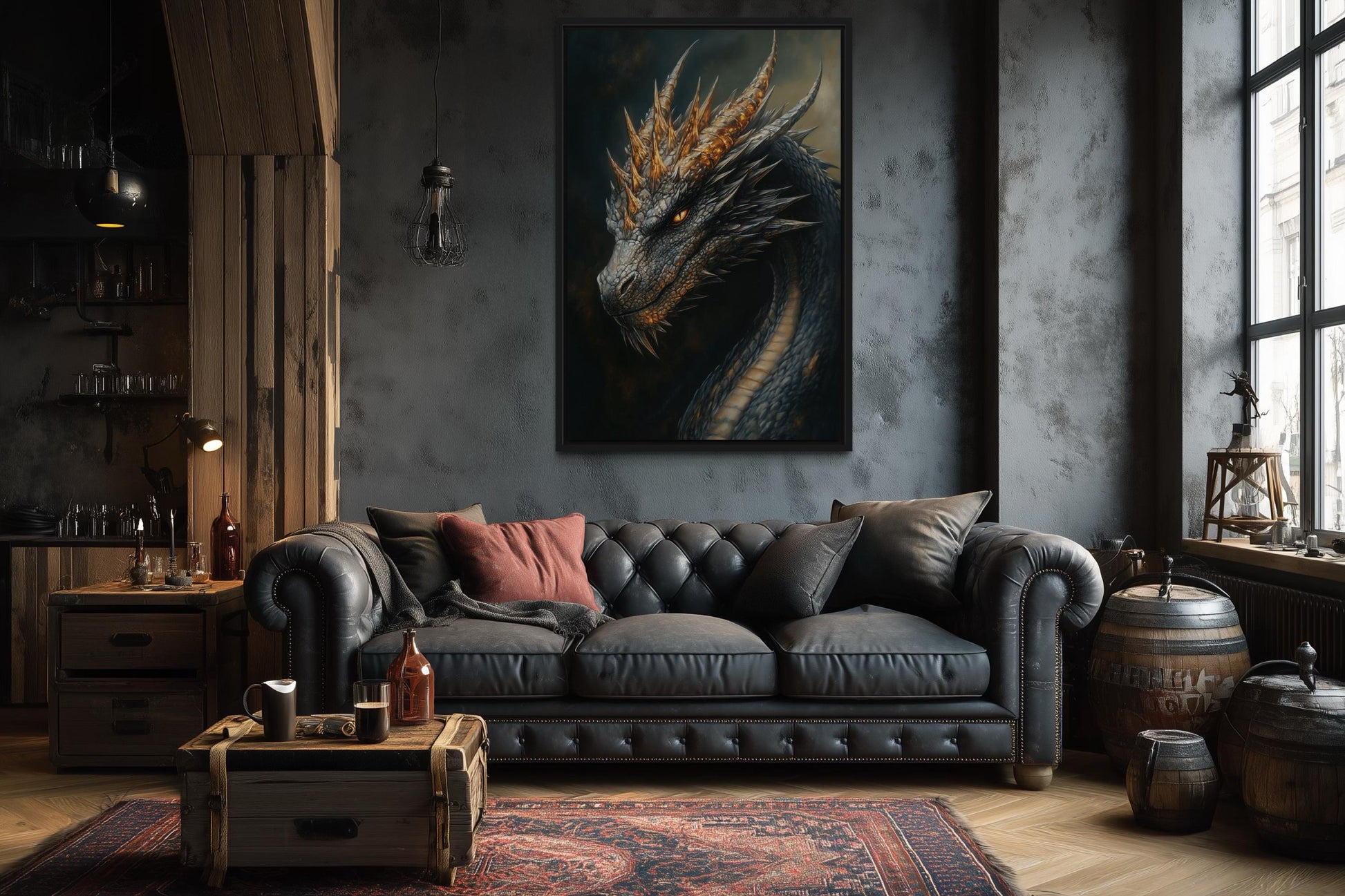 Gothic Black Dragon Framed Canvas Wall Art