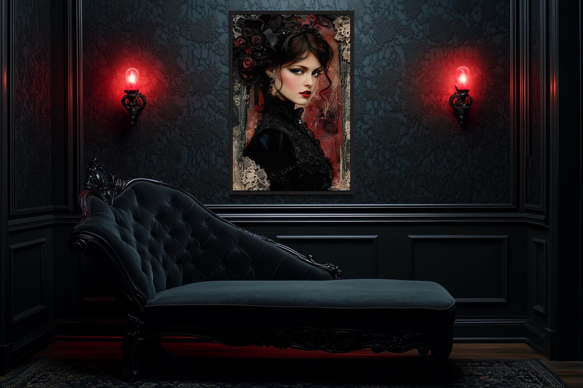 Gothic Black Widow Canvas Wall Art Dark Victorian Woman Portrait for Moody Romantic Decor