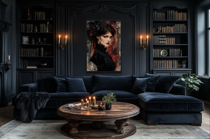 Gothic Black Widow Canvas Wall Art Dark Victorian Woman Portrait for Moody Romantic Decor