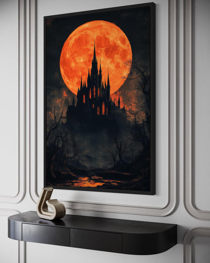 Gothic Castle Under Glowing Halloween Orange Blood Moon Canvas Wall Art