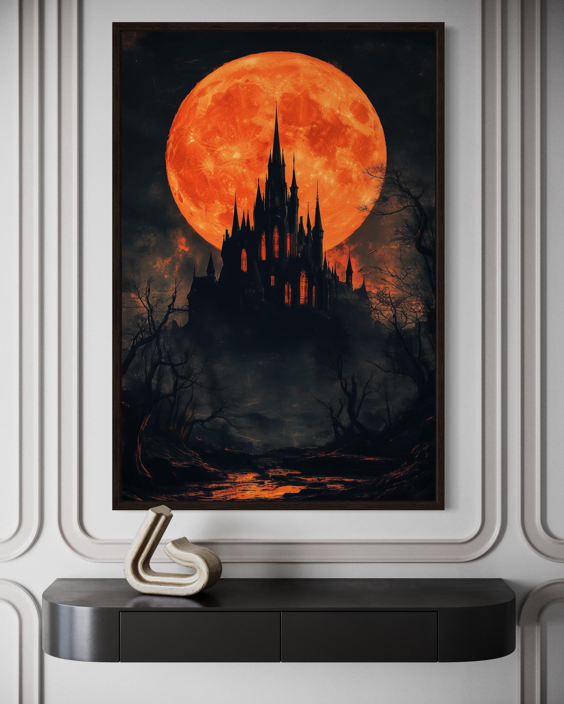Gothic Castle Under Glowing Halloween Orange Blood Moon Canvas Wall Art