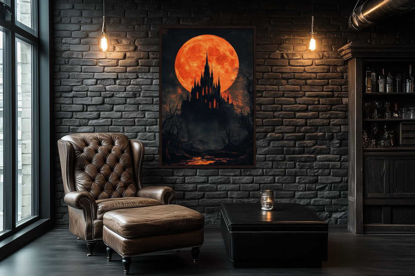 Gothic Castle Under Glowing Halloween Orange Blood Moon Canvas Wall Art