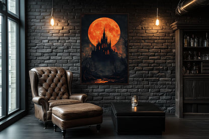 Gothic Castle Under Glowing Halloween Orange Blood Moon Canvas Wall Art