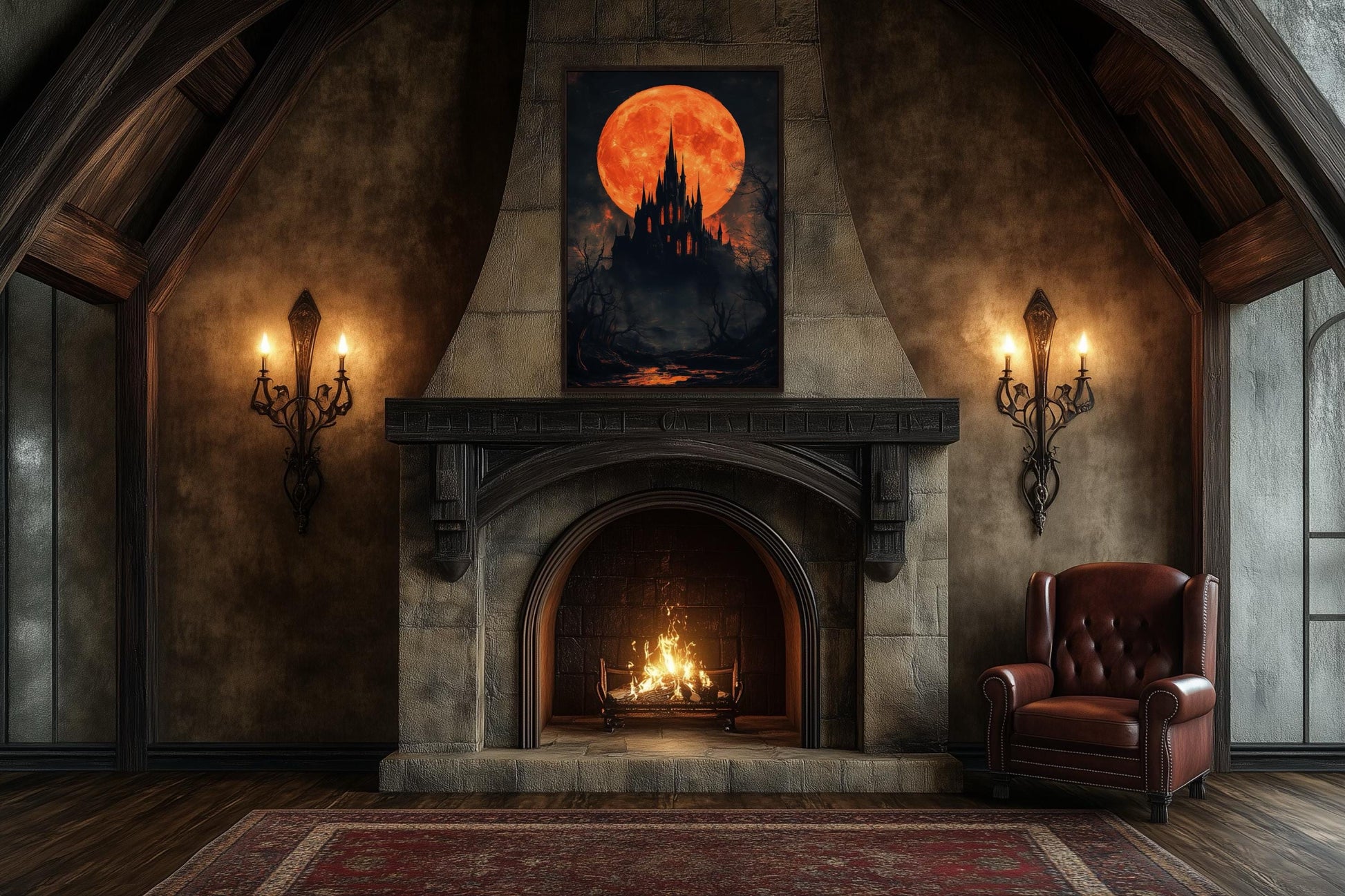 Gothic Castle Under Glowing Halloween Orange Blood Moon Canvas Wall Art