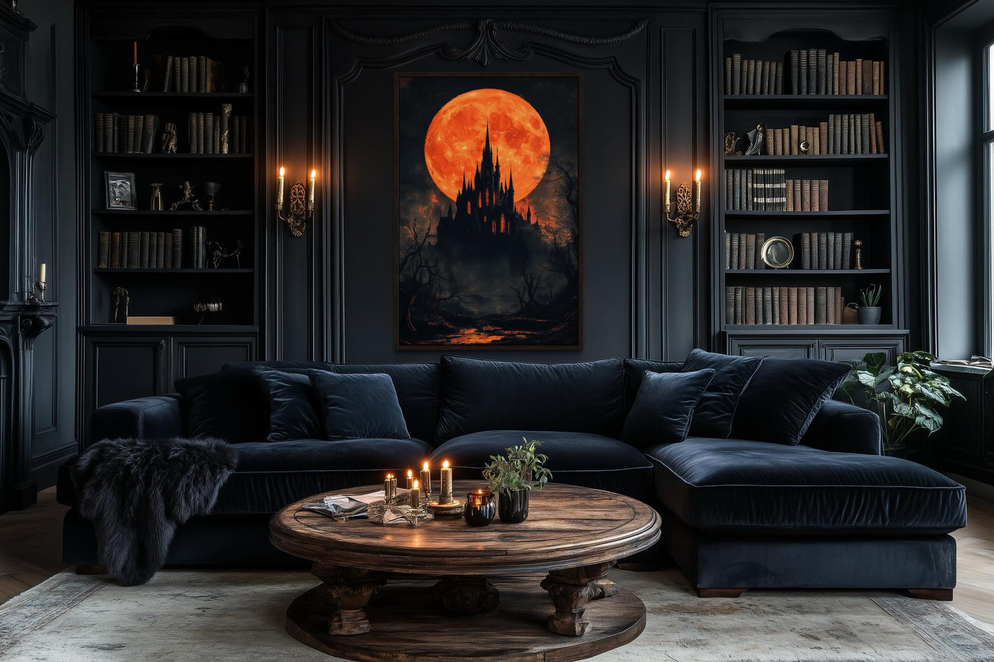 Gothic Castle Under Glowing Halloween Orange Blood Moon Canvas Wall Art