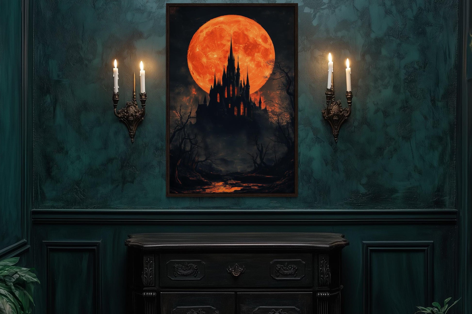 Gothic Castle Under Glowing Halloween Orange Blood Moon Canvas Wall Art