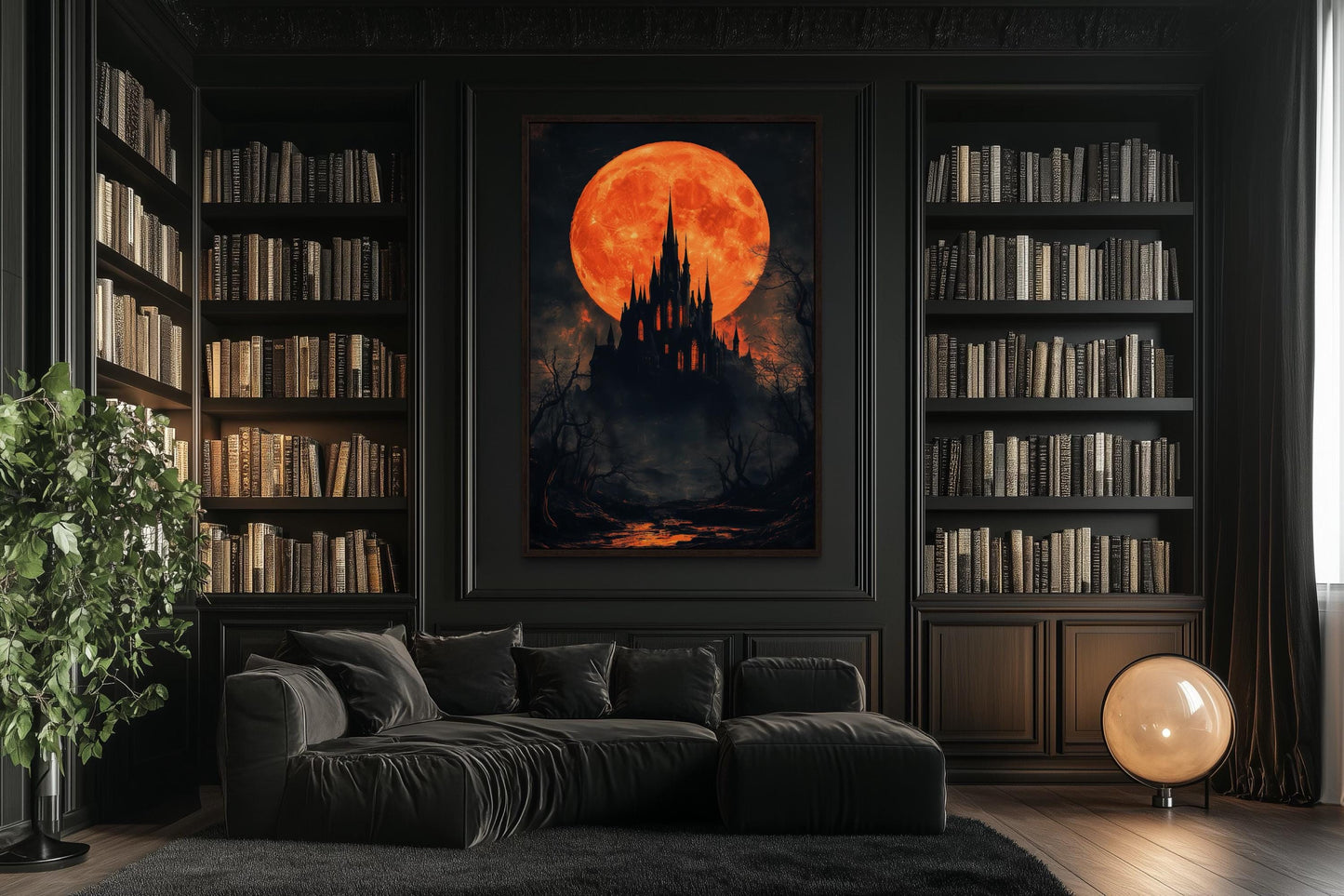 Gothic Castle Under Glowing Halloween Orange Blood Moon Canvas Wall Art