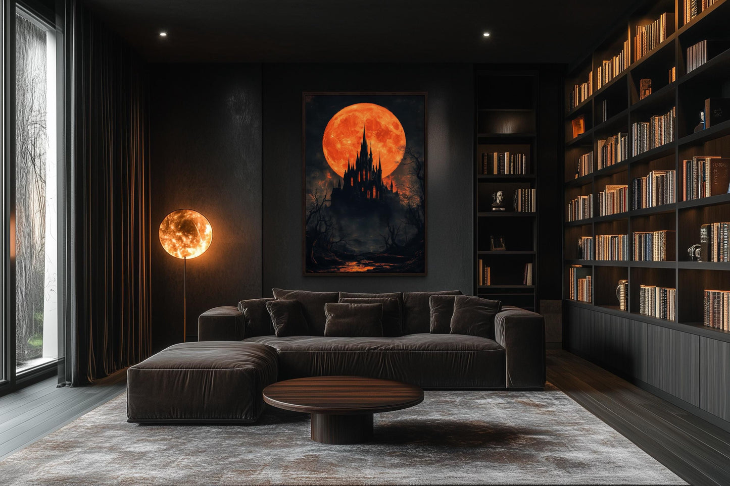 Gothic Castle Under Glowing Halloween Orange Blood Moon Canvas Wall Art