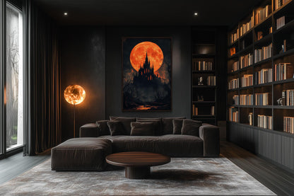 Gothic Castle Under Glowing Halloween Orange Blood Moon Canvas Wall Art