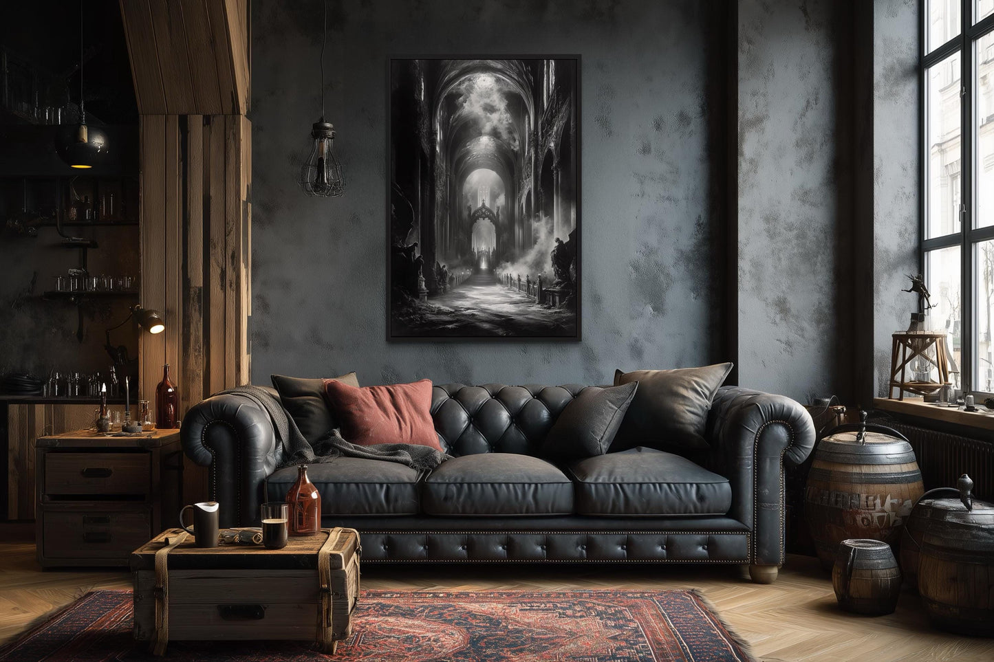 Gothic Cathedral Interior Black and White Wall Art
