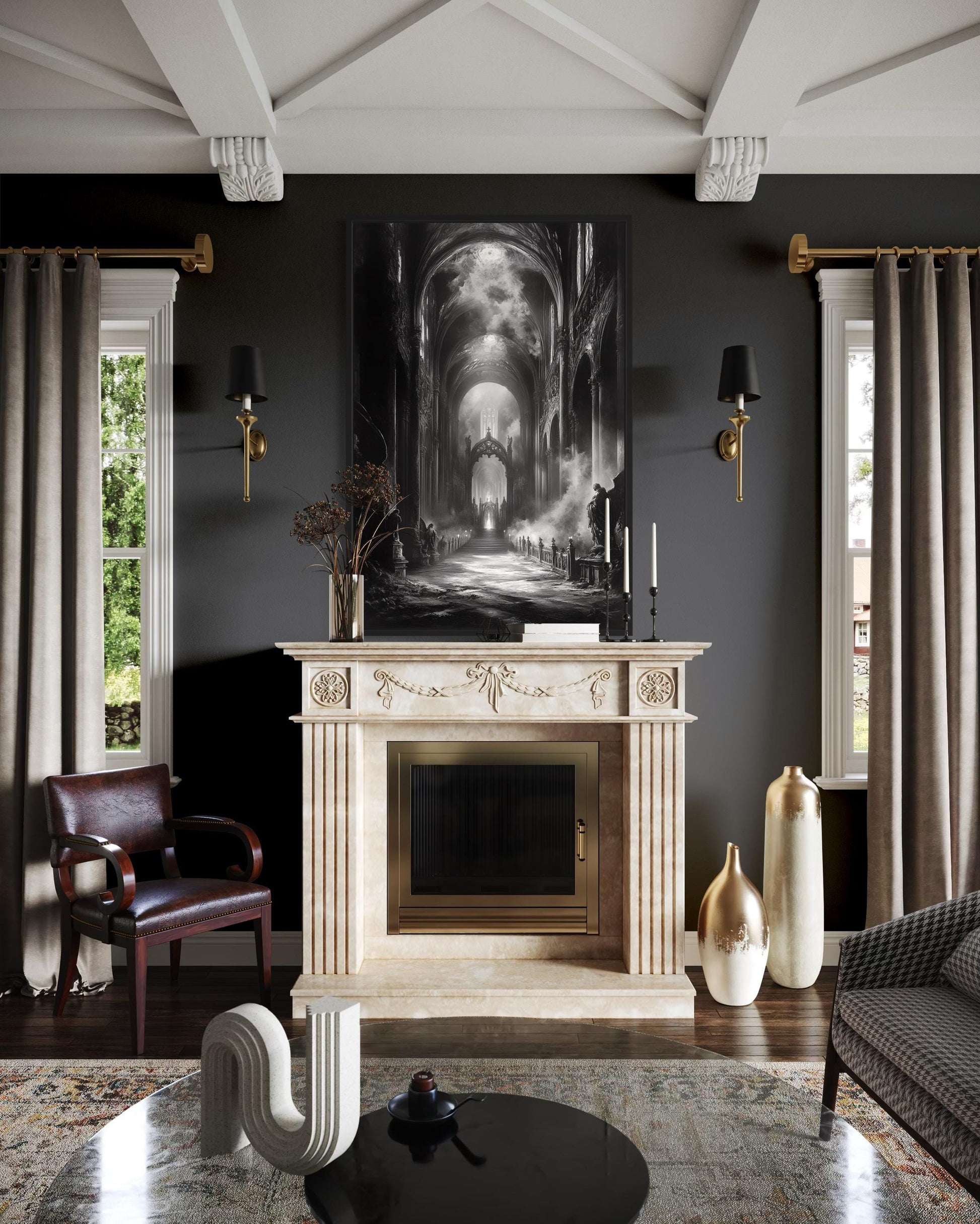 Gothic Cathedral Interior Black and White Wall Art