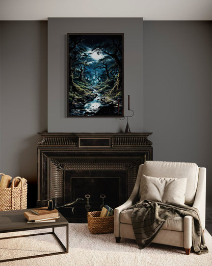 Gothic Dark Moonlit Forest Framed Canvas Wall Art